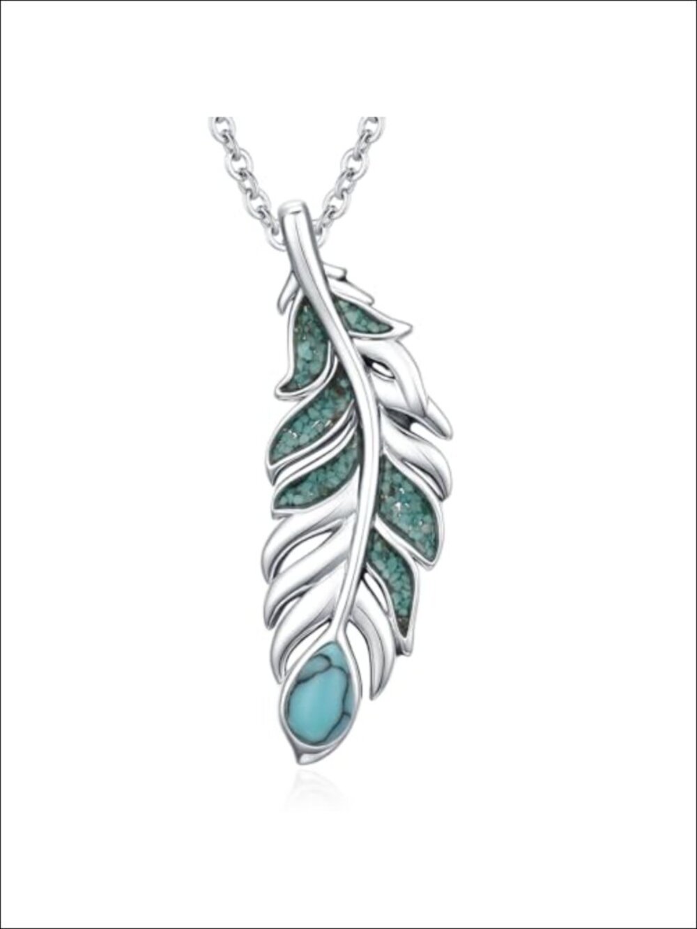 Turquoise Feather Pendant Necklace White Gold Plated Boho Southwest Style 18-20